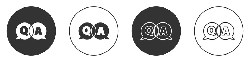 Black Speech bubbles with Question and Answer icon isolated on white background. Q and A symbol. FAQ sign. Chat speech bubble and chart. Circle button. Vector Illustration