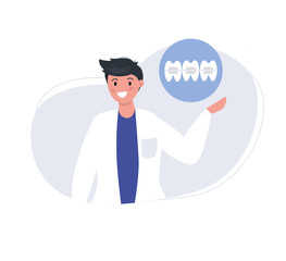 Doctor ortodontist shows brackets system, braces. Orthodontic services. Vector illustration in flat style.