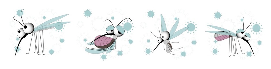 Mosquitoes CHARACTER. Insect parasites. Vector illustration isolated on white background. Summer time..