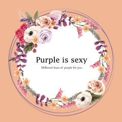 Floral wine wreath design with rose, calla lily, anemone watercolor illustration