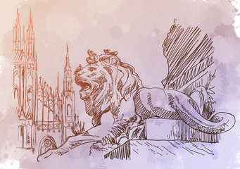 Monument for Victor Emmanuel with lions on a Cathedral Square in Milan, Italy. Vintage design in soft pastel colors. Linear sketch on a watercolor textured background. EPS10 vector illustration