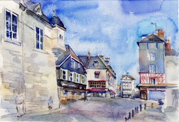 Architecture watercolor sketch of the street with fachwerk houses in Honfleur, Normandy, France.
Mix media contains of colored pencils. Illustration with granular effect in blue, burgundy and ocher - obrazy, fototapety, plakaty