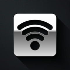 Silver Wi-Fi wireless internet network symbol icon isolated on black background. Long shadow style. Vector Illustration
