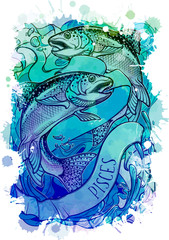 Zodiac sign of Pisces, element of Water. Intricate linear drawing on watercolor textured background. Blue and turquoise mysterious palette. A4 vertical format. EPS10 vector illustration.