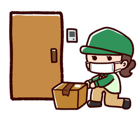 配達員の女性　マスク　玄関　置き配