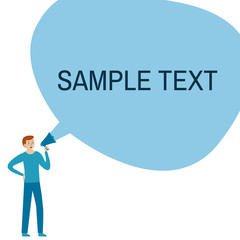 Cartoon vector illustration of man speaking through megaphone, big speech bubble