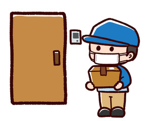配達員の男性　マスク　玄関