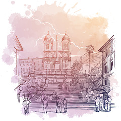 Spanish Steps in Rome, Italy. Vintage design in soft pastel colors. Linear sketch on a watercolor textured background. EPS10 vector illustration