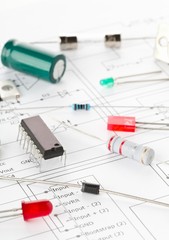Macro of different electronic parts or components on pcb wiring diagram with resistors, capacitors,...