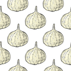 Seamless pattern garlic food decoration. Vegetarian tasty natural. Healthy diet.