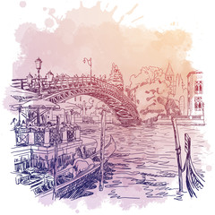 Street view with chanell, pier and bridge over a chanell in Veniece, Italy. Vintage design in soft pastel colors. Linear sketch on a watercolor textured background. EPS10 vector illustration