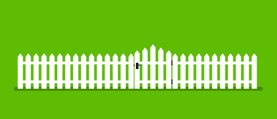 White wooden fence with garden gate in flat style