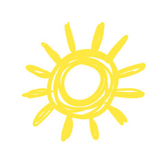 Funny doodle sun. Hand drawn vector icon.