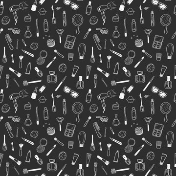 Seamless pattern with hand drawn beauty, make up, cosmetic doodles, on a blackboard background
