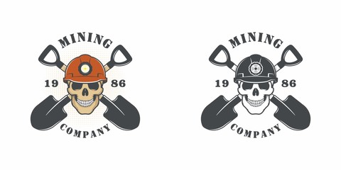 Set of color illustrations skull miner in a helmet and crossed shovels on a white background. Vector illustration on the theme of gold and coal mining. Mining company logo.