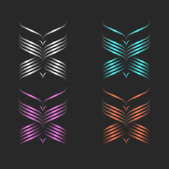 Butterflies logo monogram set, fashion linear art design from thin curved gradient lines, boutique feminine emblem