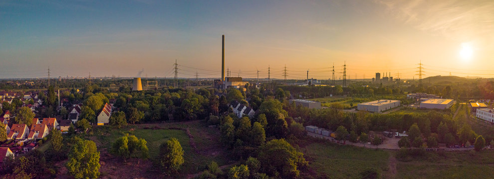 An aerial view on Essen Karnap during sunset
