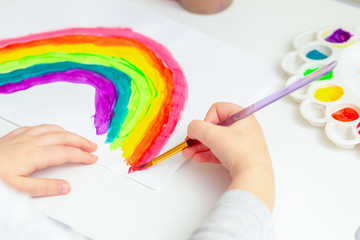 Close up of hand of kid with painted rainbow on white paper during the Covid-19 quarantine at home. Children's creativity.