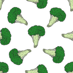Seamless pattern broccoli food decoration. Vegetarian tasty natural. Healthy diet.