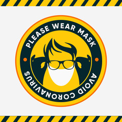 Flat yellow and black round symbol. Please wear Mask for safety from coronavirus. Vector stock image. Stickers for public places where there are a lot of people. Pandemic outbreak warning symbol.