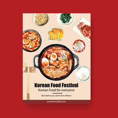 Korean food poster design with rice, pot, noodles watercolor illustration - obrazy, fototapety, plakaty