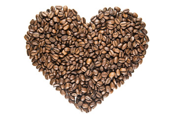 I Love Coffee - Heart Shape made of delicious fresh roasted brown coffee beans on white background with shadow. Top view. Studio shot