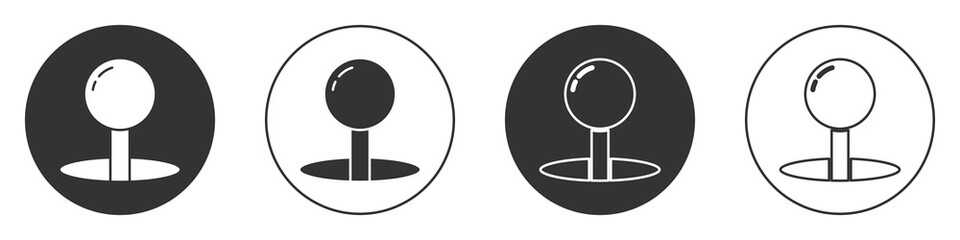 Fototapeta na wymiar Black Push pin icon isolated on white background. Thumbtacks sign. Circle button. Vector Illustration