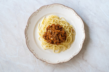 Original Classic Homemade Italian Spaghetti Pasta with Ragu Bolognese Sauce made with Minced  Meat and Tomato Sauce.