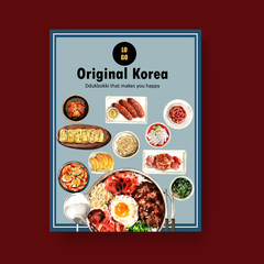 Korean food poster design with Bibimbap, meat, sausage watercolor illustration