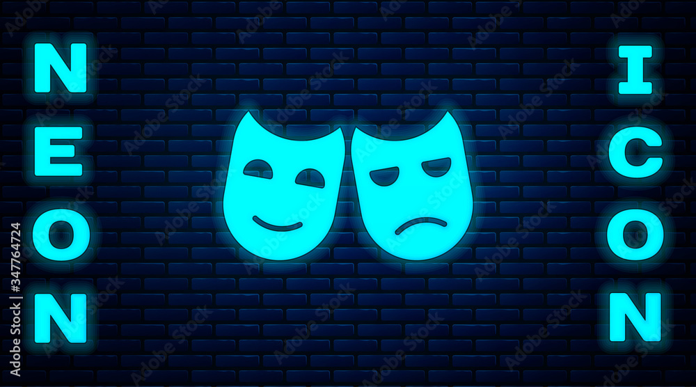 Poster glowing neon comedy and tragedy theatrical masks icon isolated on brick wall background. vector illu