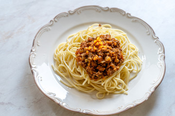 Original Classic Homemade Italian Spaghetti Pasta with Ragu Bolognese Sauce made with Minced  Meat and Tomato Sauce.