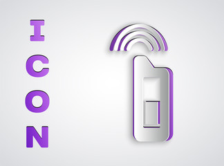 Fototapeta premium Paper cut Car key with remote icon isolated on grey background. Car key and alarm system. Paper art style. Vector Illustration