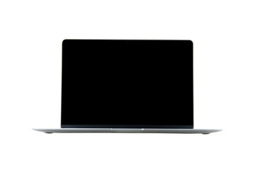 Close-up top view of ultrabook, a thin and light laptop, in space grey color on white isolated...