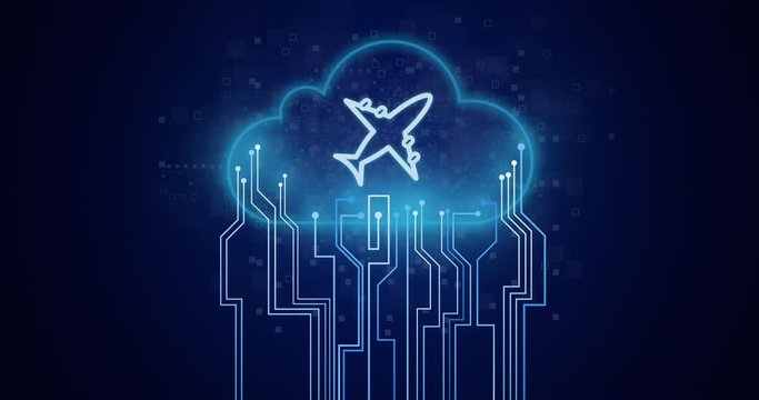 Cloud computing concept: On dark background geometric blue lines are moving towards a cloud with an airplane icon in the centre. Cyberspace for future online transportation and flight data.