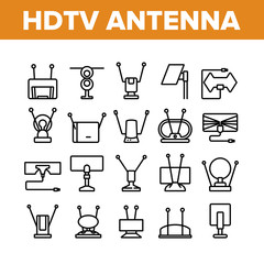 Hdtv Antenna Device Collection Icons Set Vector. Hdtv Antenna Gadget For Tv Broadcasting Signal, Media Equipment, Frequency Appliance Concept Linear Pictograms. Monochrome Contour Illustrations