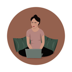 Woman working at home. Vector cartoon illustration. Online education.
