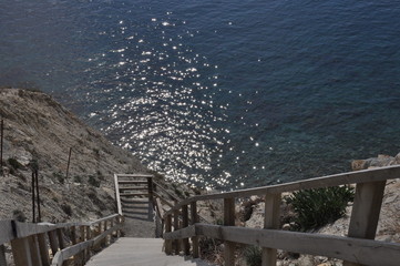 wooden steps on the black sea, summer