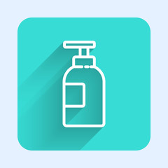 White line Hand sanitizer bottle icon isolated with long shadow. Disinfection concept. Washing gel. Alcohol bottle for hygiene. Green square button. Vector Illustration