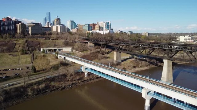 Aerial angle of The High Level Bridge and downtown Edmonton