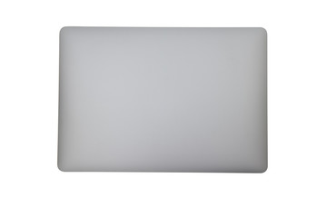 Close-up top view of ultrabook, a thin and light laptop, in space grey color on white isolated...
