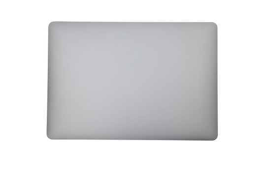 Close-up top view of ultrabook, a thin and light laptop, in space grey color on white isolated background