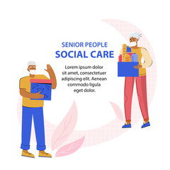 Elderly man and woman in protective medical masks hold boxes with social assistance. Senior people. Helping old people. Support social care, volunteering, charity. Banner template with space for text.