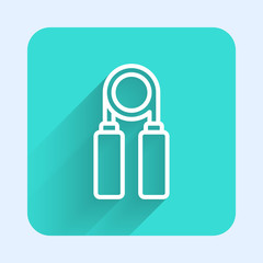White line Sport expander icon isolated with long shadow. Sport equipment. Green square button. Vector Illustration
