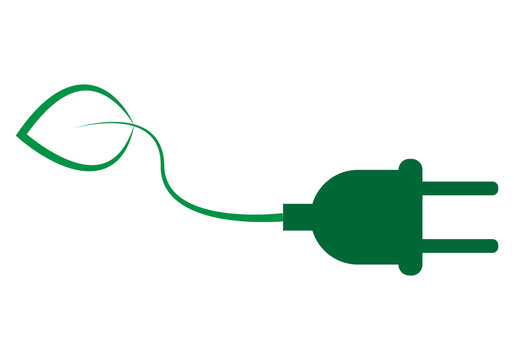 Icono de un enchufe con una hoja por la energía renovable.