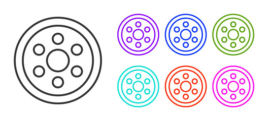 Black line Alloy wheel for a car icon isolated on white background. Set icons colorful. Vector Illustration