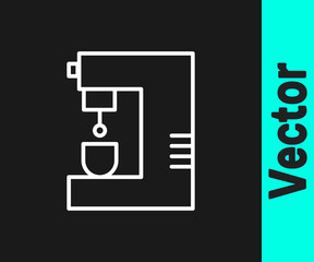 White line Coffee machine icon isolated on black background.  Vector Illustration