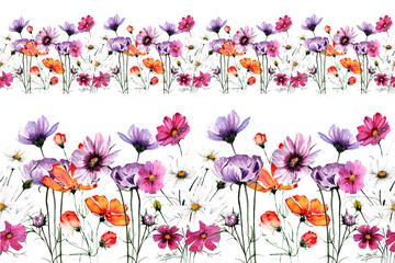 Seamless ribbon border in two scales of flowers and buds of Cosmos written in watercolor and copy-space. Design for fabric, packaging, frame, adhesive tape, paper