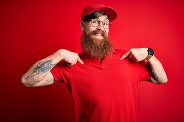 Young handsome delivery man wearing glasses and red cap over isolated background looking confident...