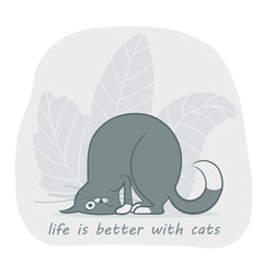 Vector illustration, a cartoon cute gray cat funny twisted on the gray background with leaves.