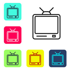 Black line Retro tv icon isolated on white background. Television sign. Set icons in color square buttons. Vector Illustration